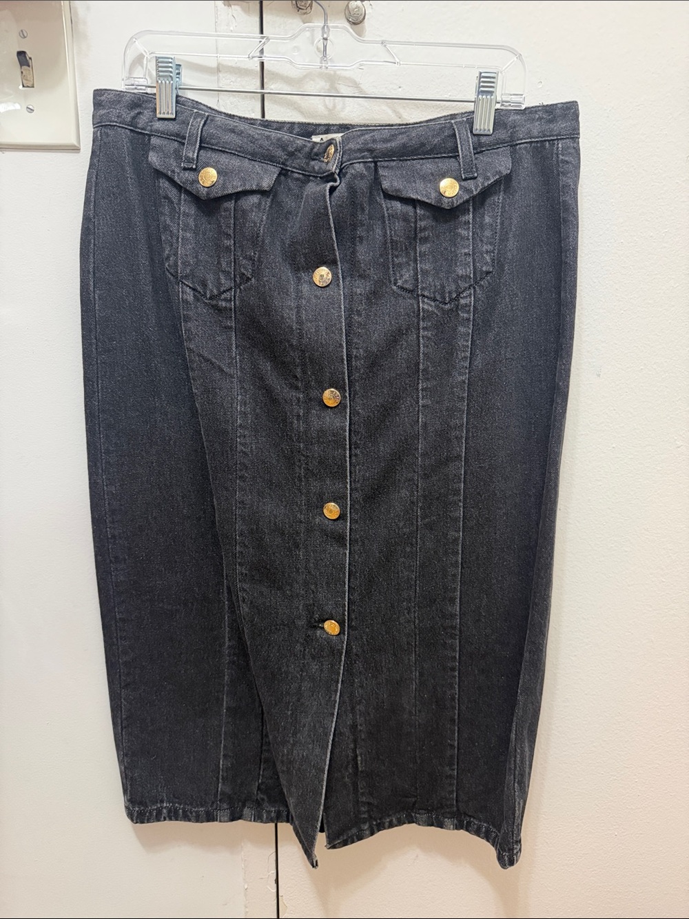 Acne Studio Black Denim Midi Skirt with Gold Buttons